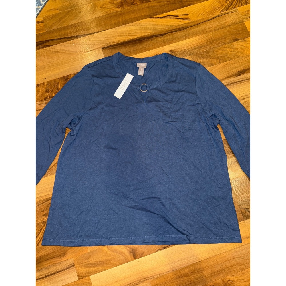Chico's Keyhole 3/4 Sleeve Top Fashion Blouse Colonial Coast Blue Size 3 XL NWT‎
